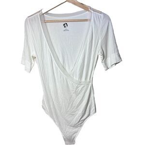 Free People Intimately Bodysuit Womens Wrap Short Sleeve Mesh Semi Sheer White